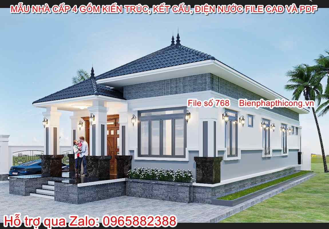 Hồ sơ bản vẽ nhà cấp 4 mái nhật 8,2m x 16,5m 3 ngủ.