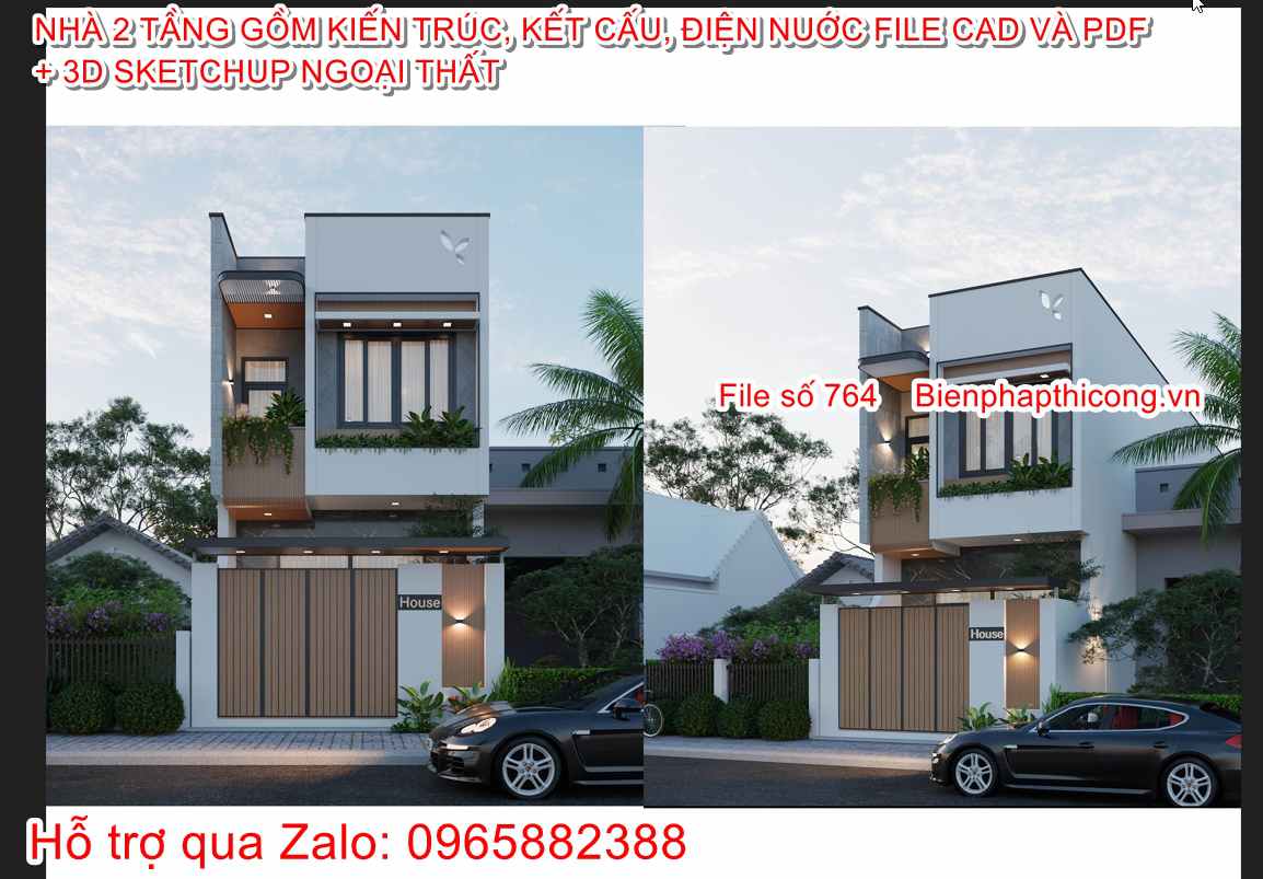 Hồ sơ thi công nhà 1 trệt 1 lầu 3 ngủ 5m x 18m.