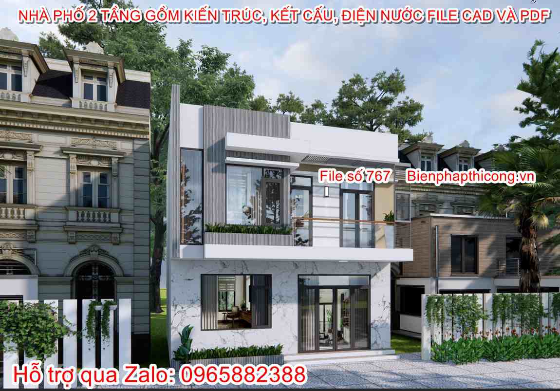 Hồ sơ thi công nhà phố 2 tầng ngang 8m x 9m đẹp.