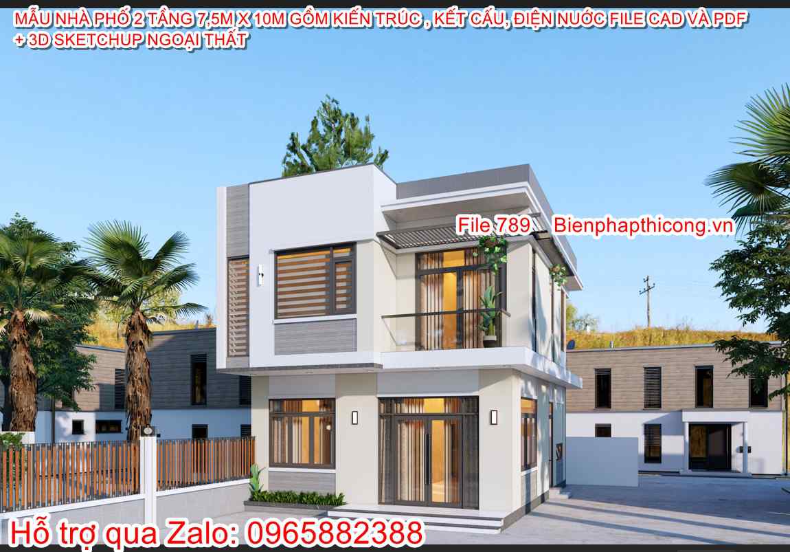 Hồ sơ thi công nhà phố 2 tầng rộng 7,5m x 10m 3 ngủ.