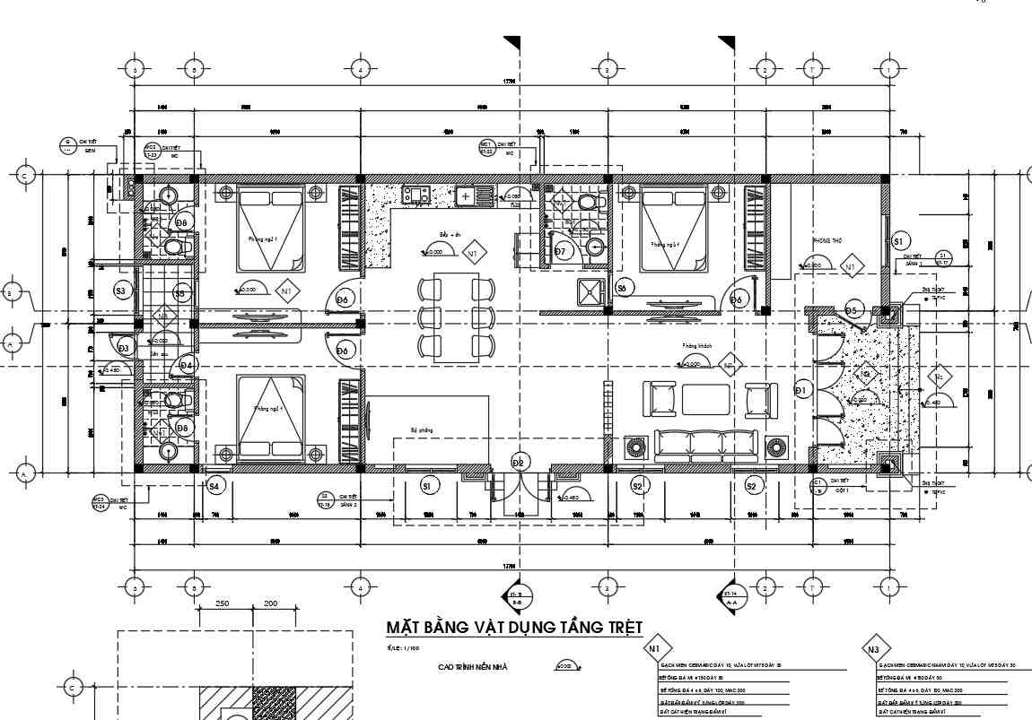 Mặt bằng tầng 1 nhà cấp 4 3 ngủ đẹp 7m x 17,7m.