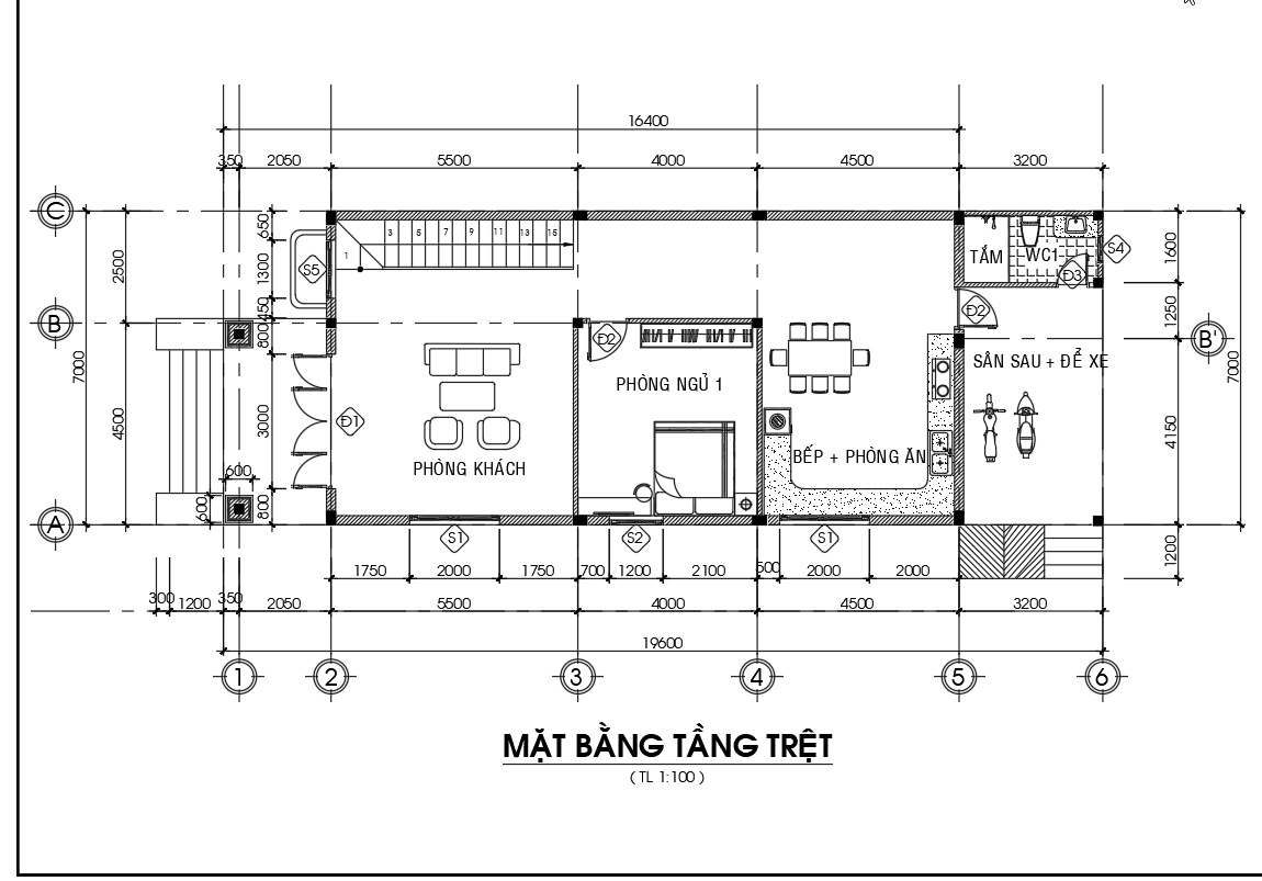 Mặt bằng tầng trệt nhà gác lửng mái thái rộng 7m x 17,3m.