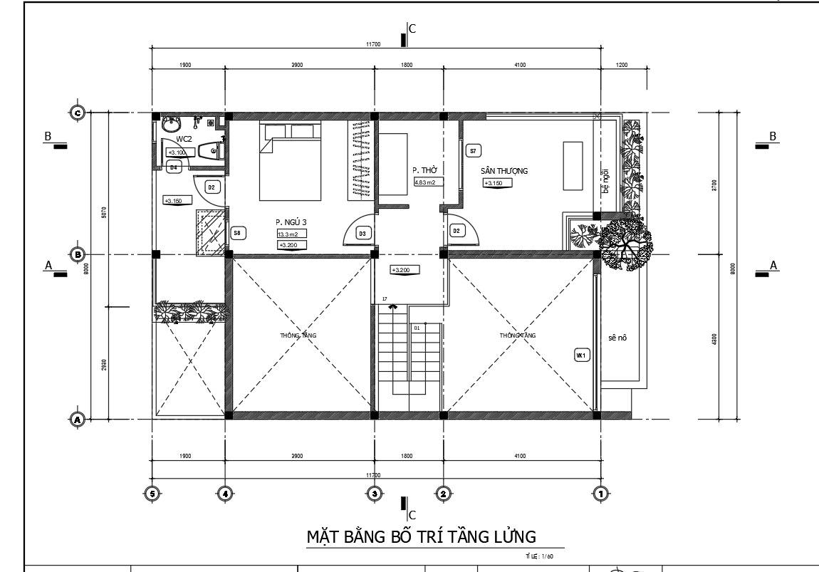 Mặt bằng tầng 2 nhà cấp 4 gác lửng mái thái 8m x 13m.