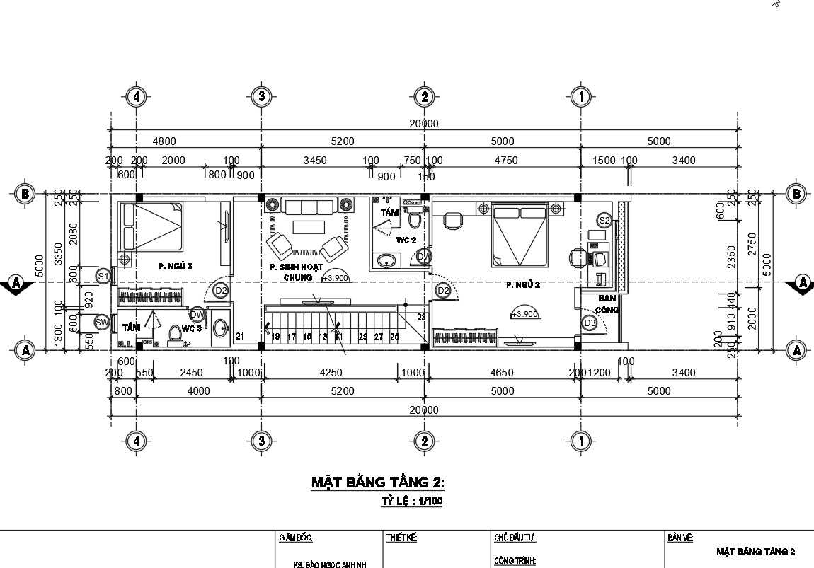 Mặt bằng tầng 2 nhà phố 3 tầng 5m x 15m.