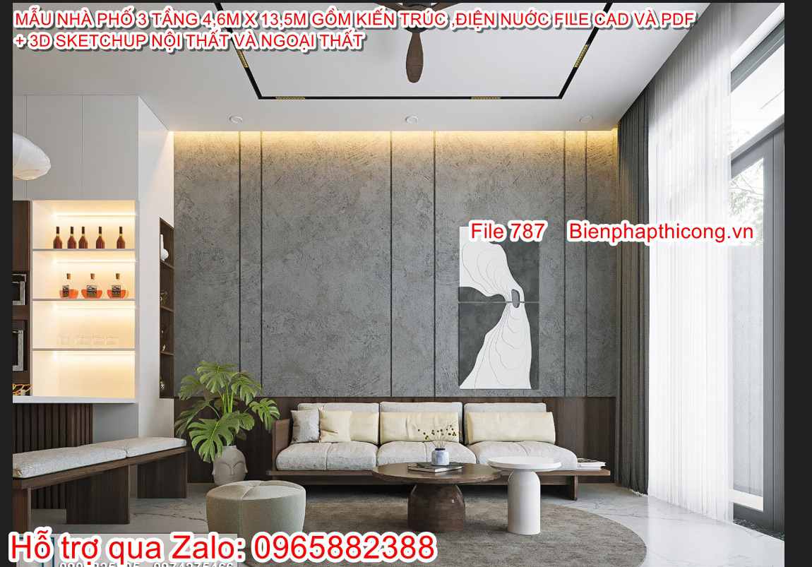 Thiết kế 3d phòng khách nhà phố 3 tầng.