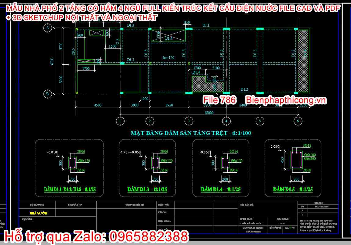 Bản vẽ thiết kế dầm sàn nhà phố 2 tầng.