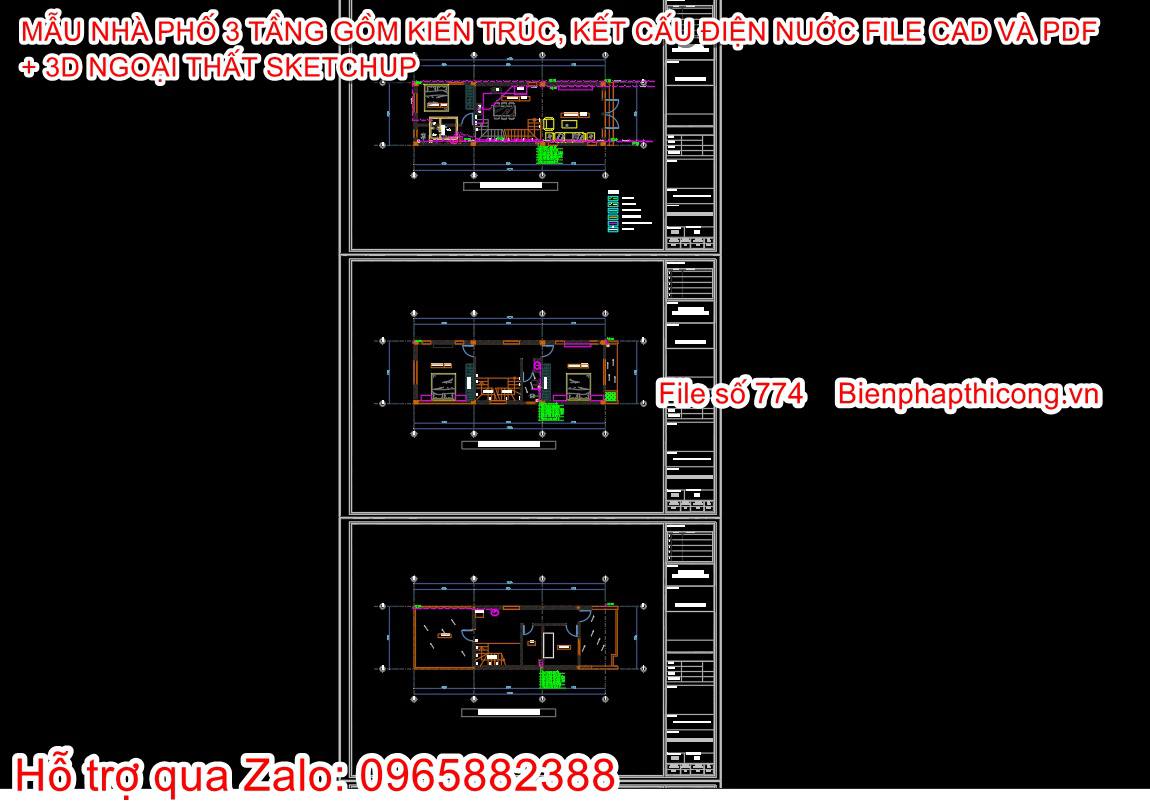 Mẫu bản vẽ nhà phố 3 tầng đẹp.
