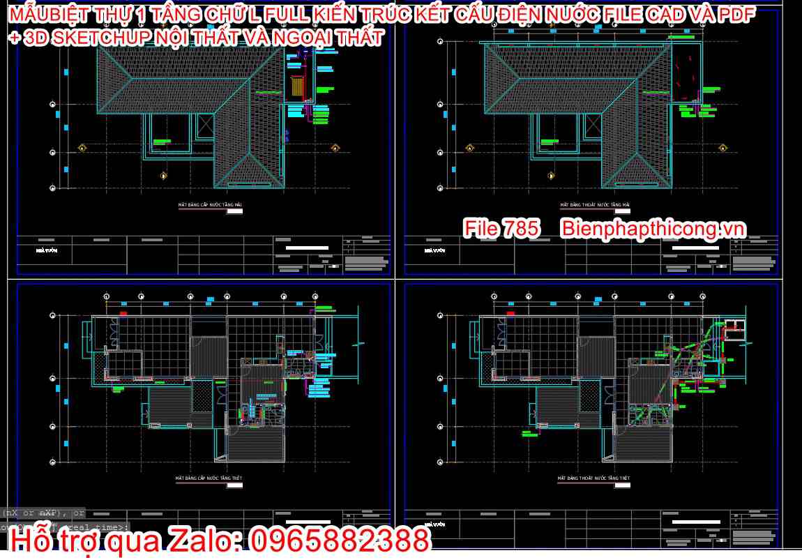 Mẫu biệt thự 1 tầng mái nhật điện nước cad.