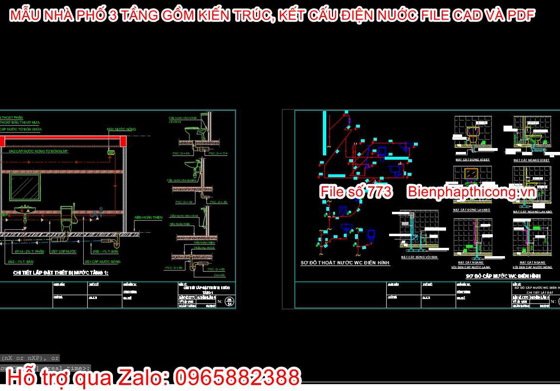 Bản vẽ nhà phố 3 tầng ngang 5m x 15m.