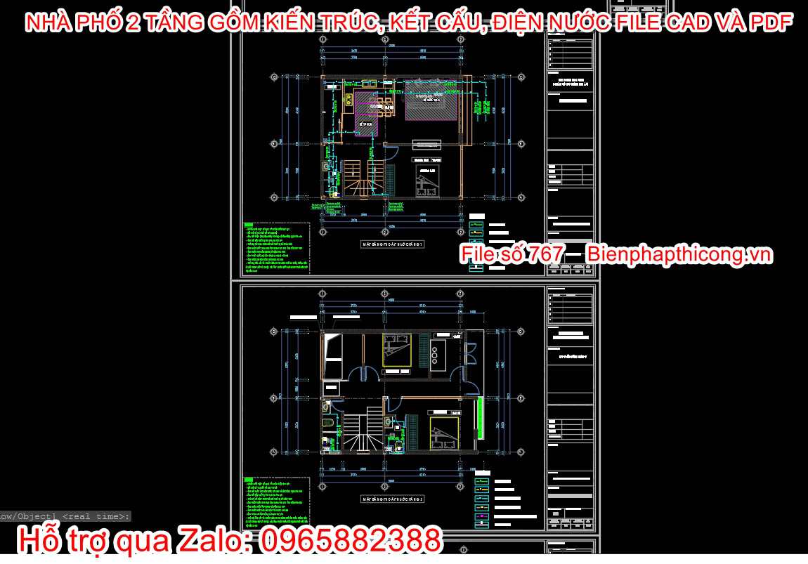 Mẫu bản vẽ cad nhà phố 2 tầng 8m x 9m.