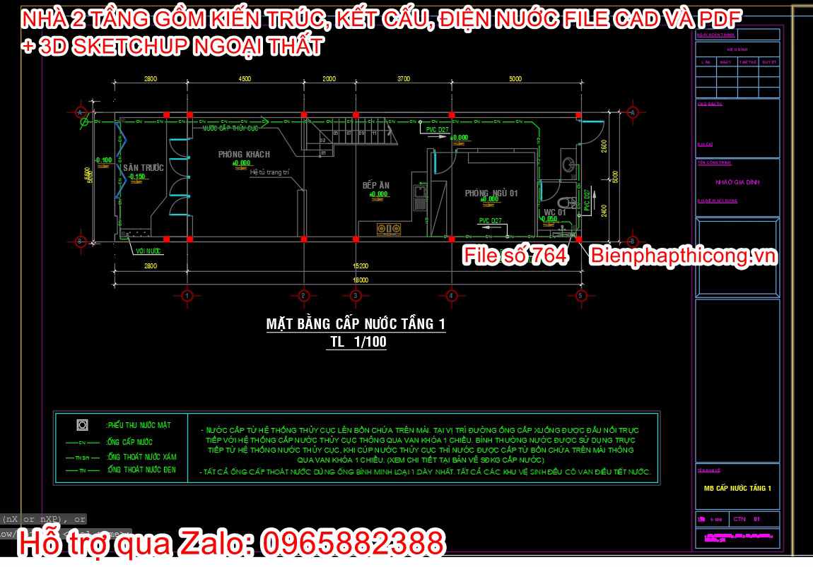 Bản vẽ cấp thoát nước nhà 2 tầng 5m x 18m.