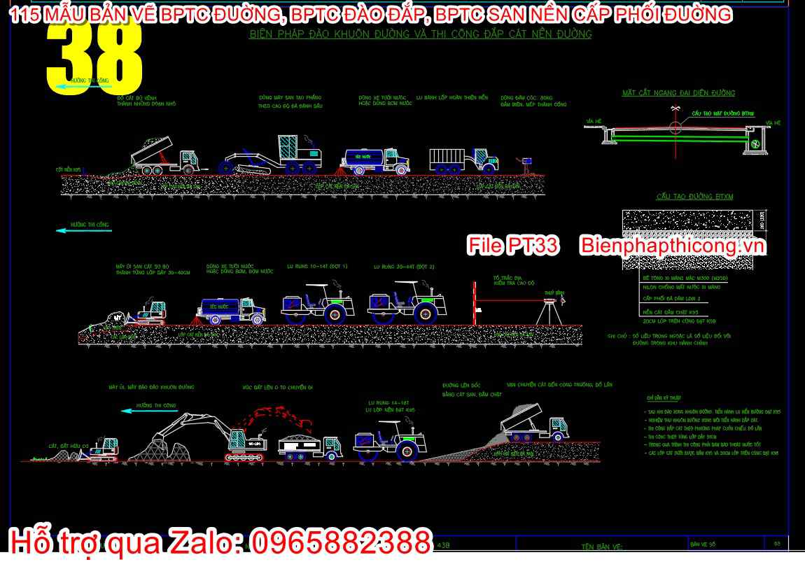 Bản vẽ bptc đào khuôn đường và đắp cát nền đường.