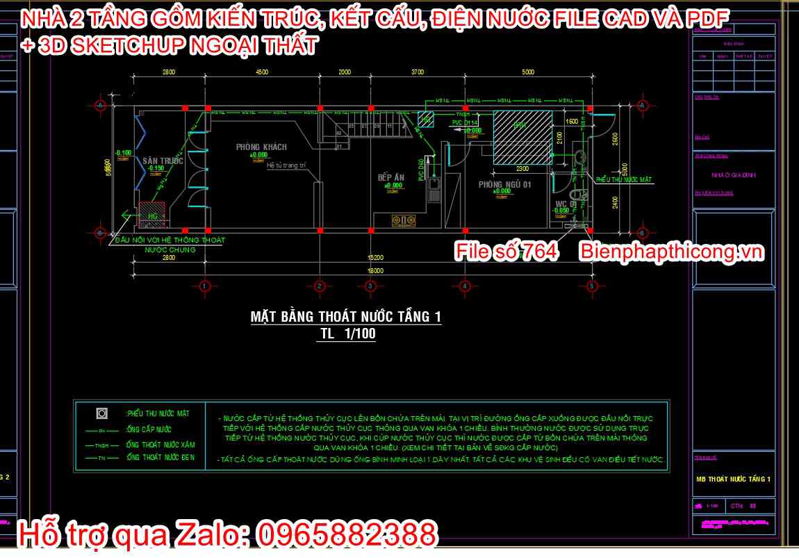 Download bản vẽ nhà ống 2 tầng cad 5m x 18m.