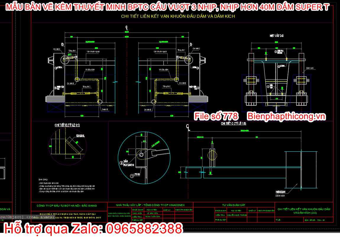 Chi tiết liên kết ván khuôn đầu dầm và dầm kích.