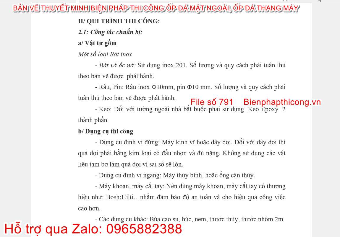 Thuyết minh biện pháp thi công ốp đá tự nhiên.