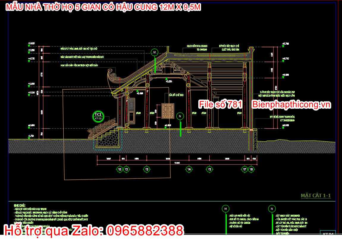 Bản vẽ mặt cắt nhà thờ họ 5 gian có hậu cung.