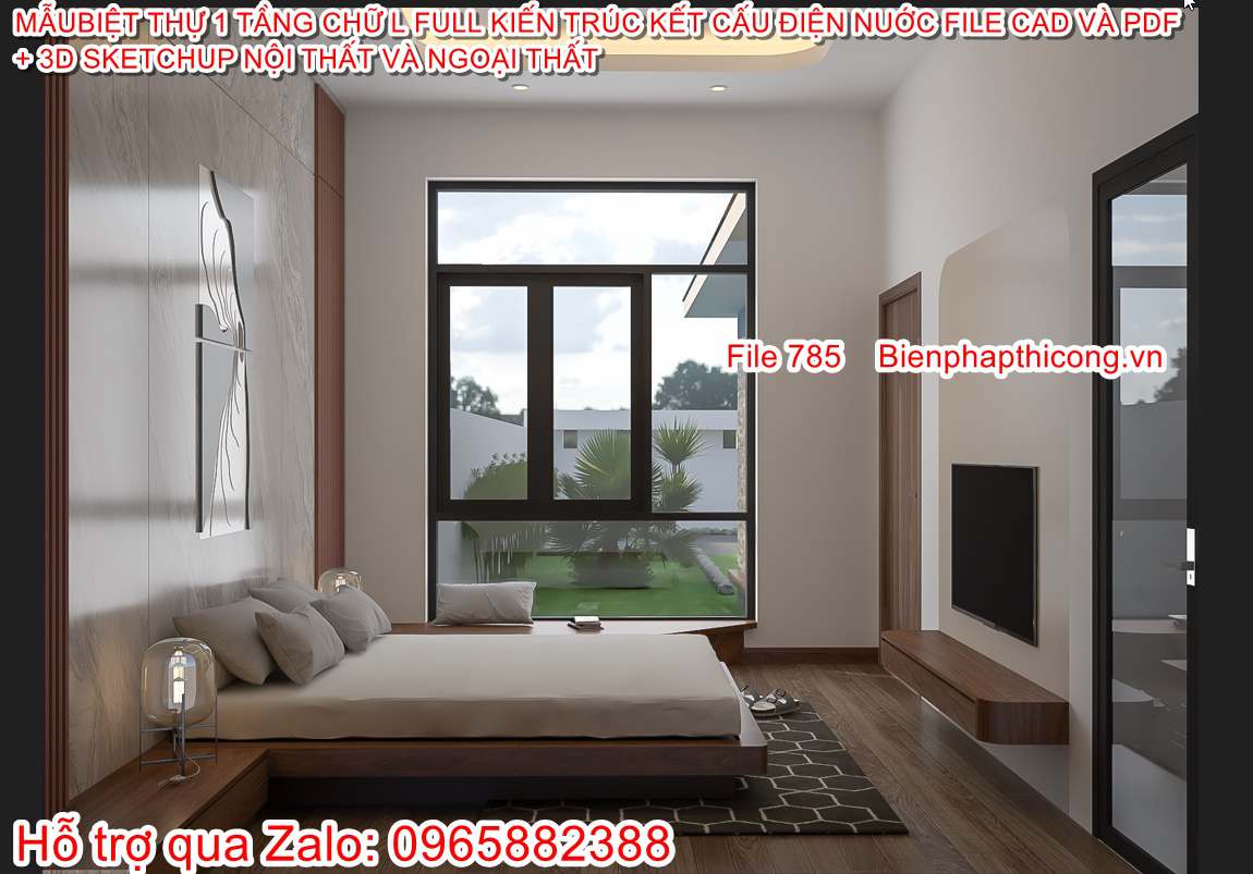 Bản vẽ phòng ngủ nhà 1 tầng mái nhật 14m x 20m.