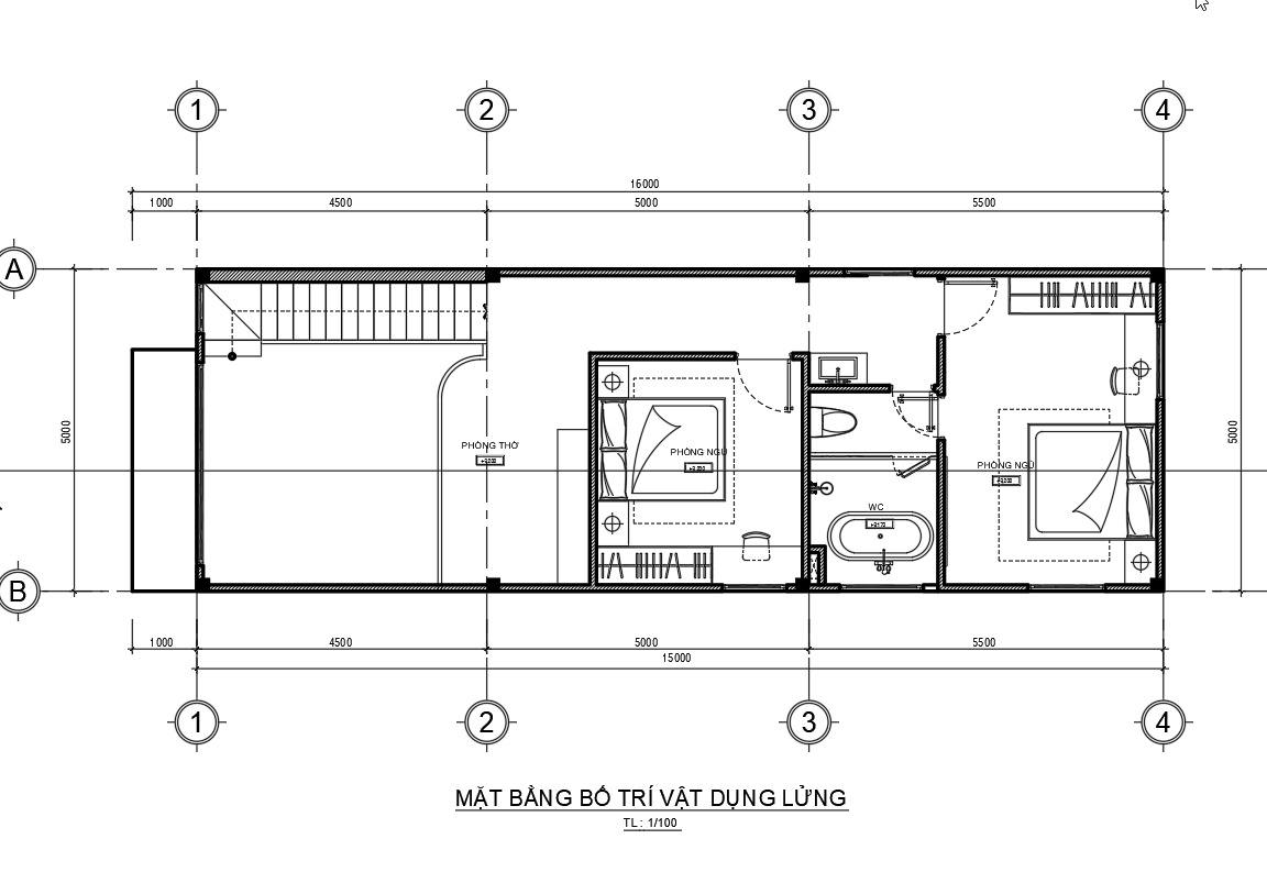 Bản vẽ xây dựng tầng 2 nhà gác lửng 5m x 16m.