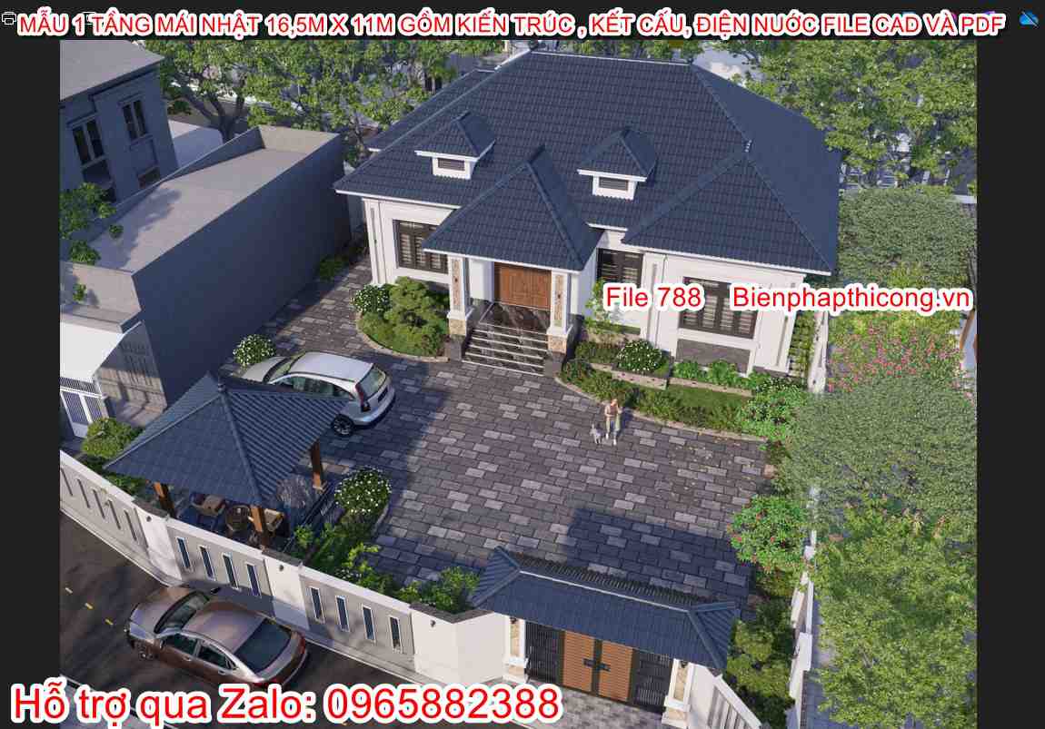 Hồ sơ thi công nhà cấp 4 mái nhật 3 ngủ 16,5m x 11m.