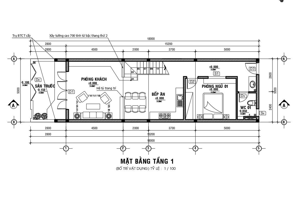 Mặt bằng tầng 1 nhà 1 trệt 1 lầu 5m x 18m 3 ngủ.