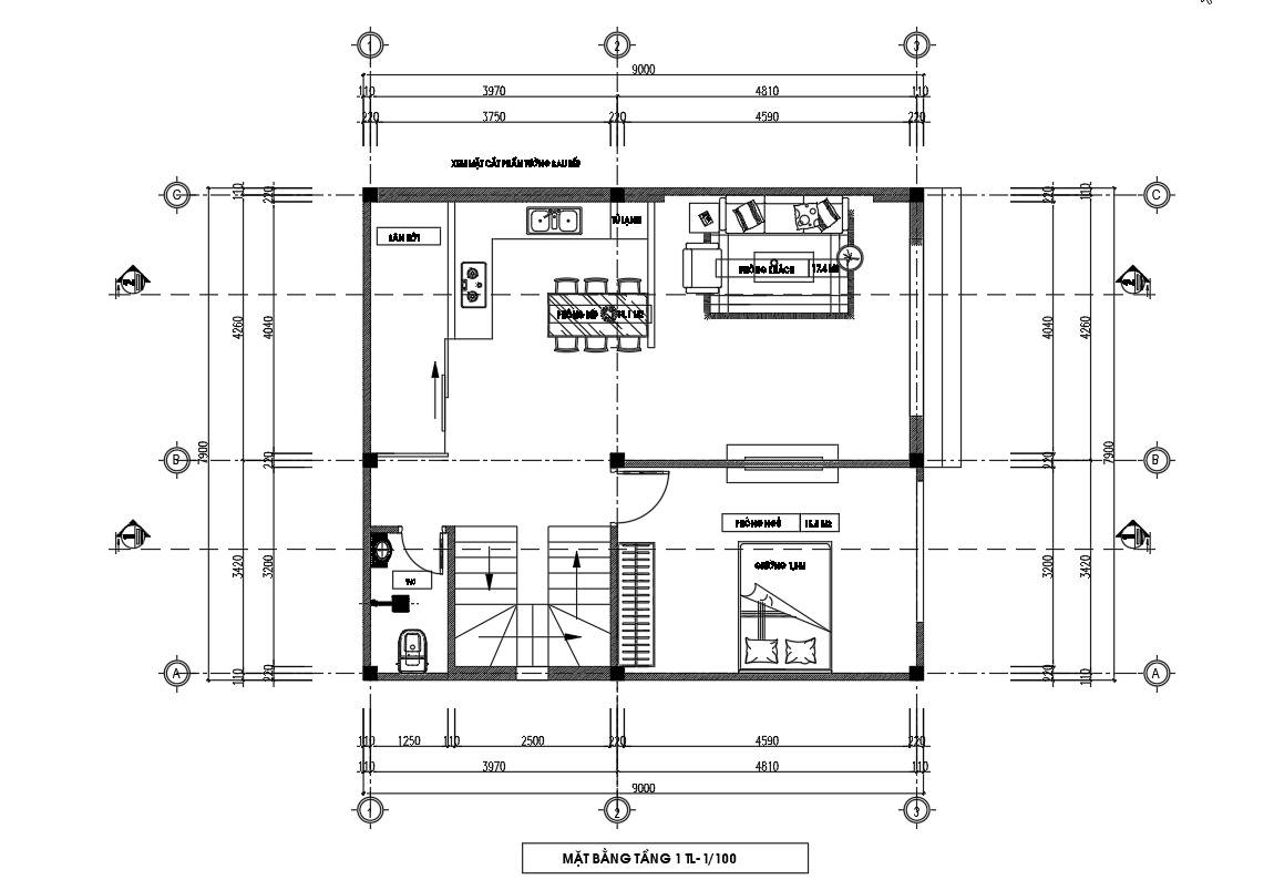 Mặt bằng tầng 1 nhà 2 tầng ngang 8m.