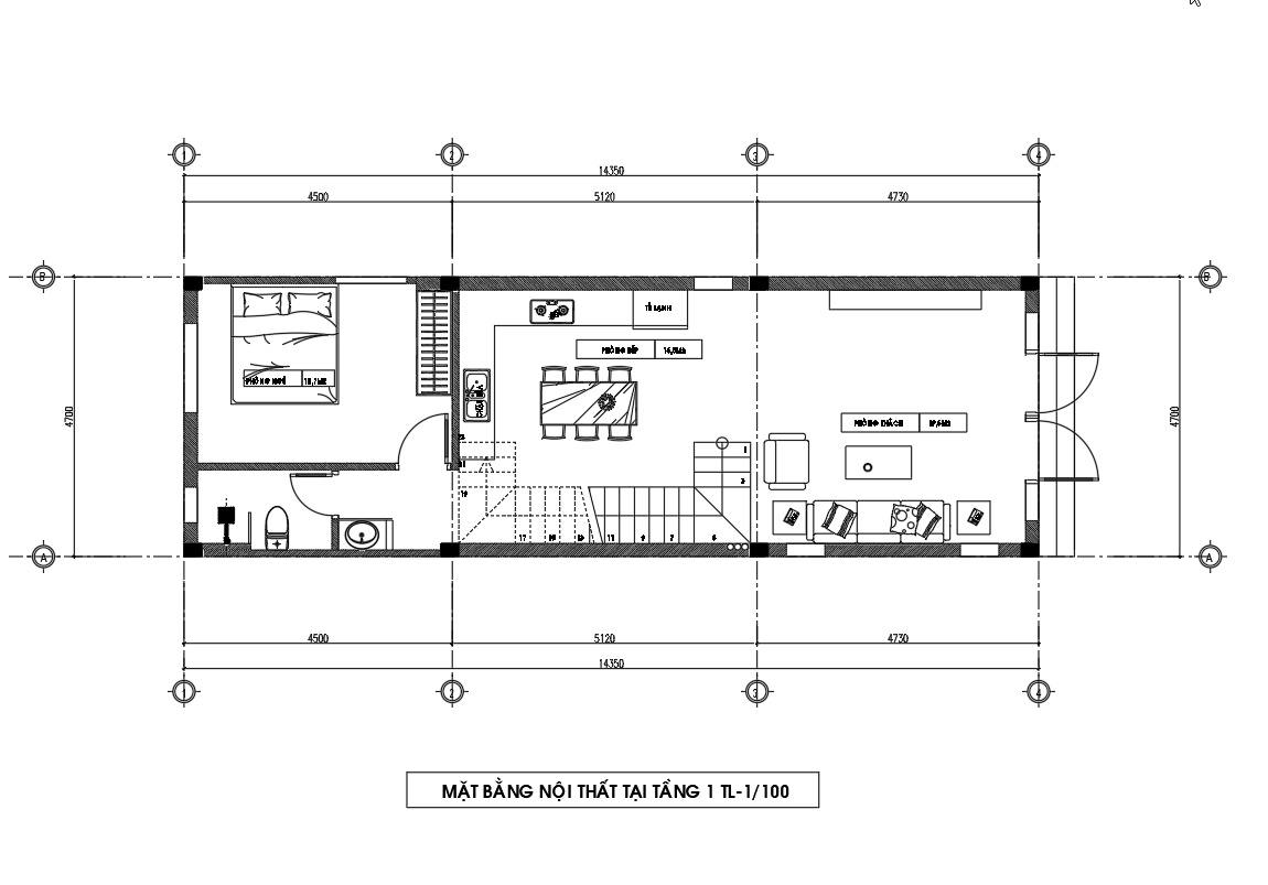 Mặt bằng tầng 1 nhà phố 3 tầng 4,7m x 14,3m cad.