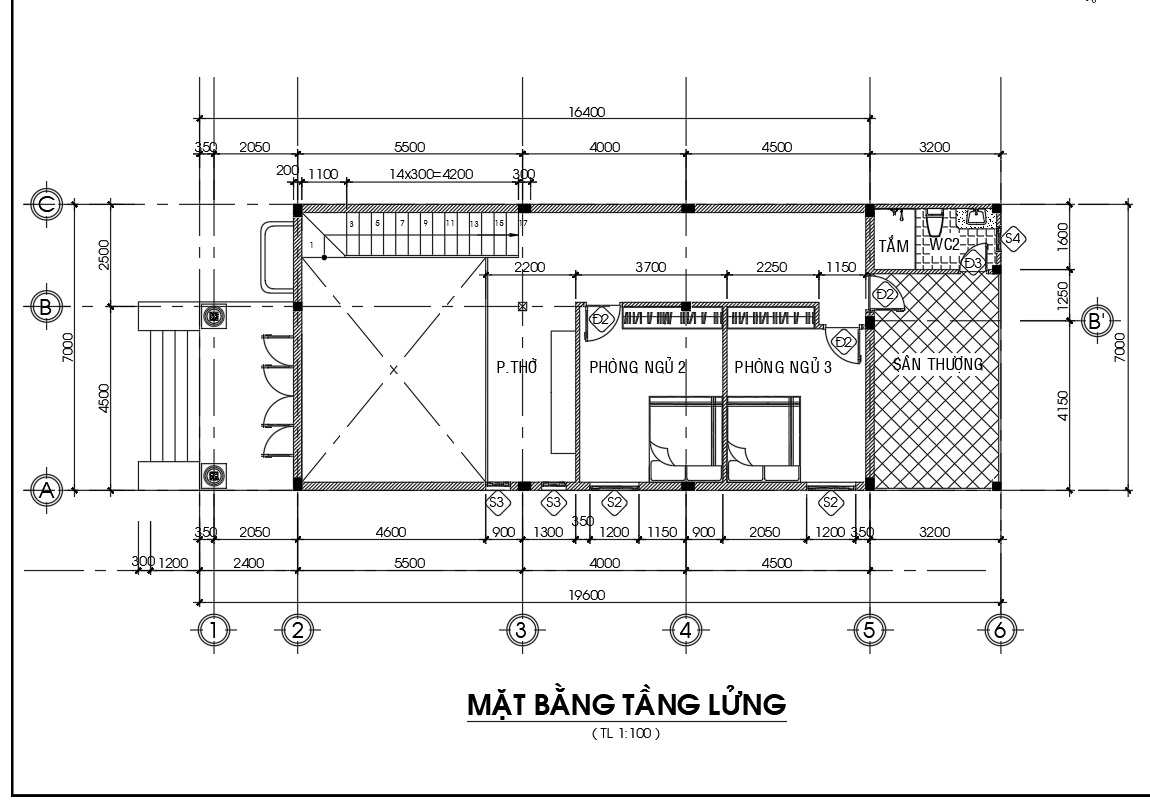 Mặt bằng tầng lửng nhà gác lửng mái thái.