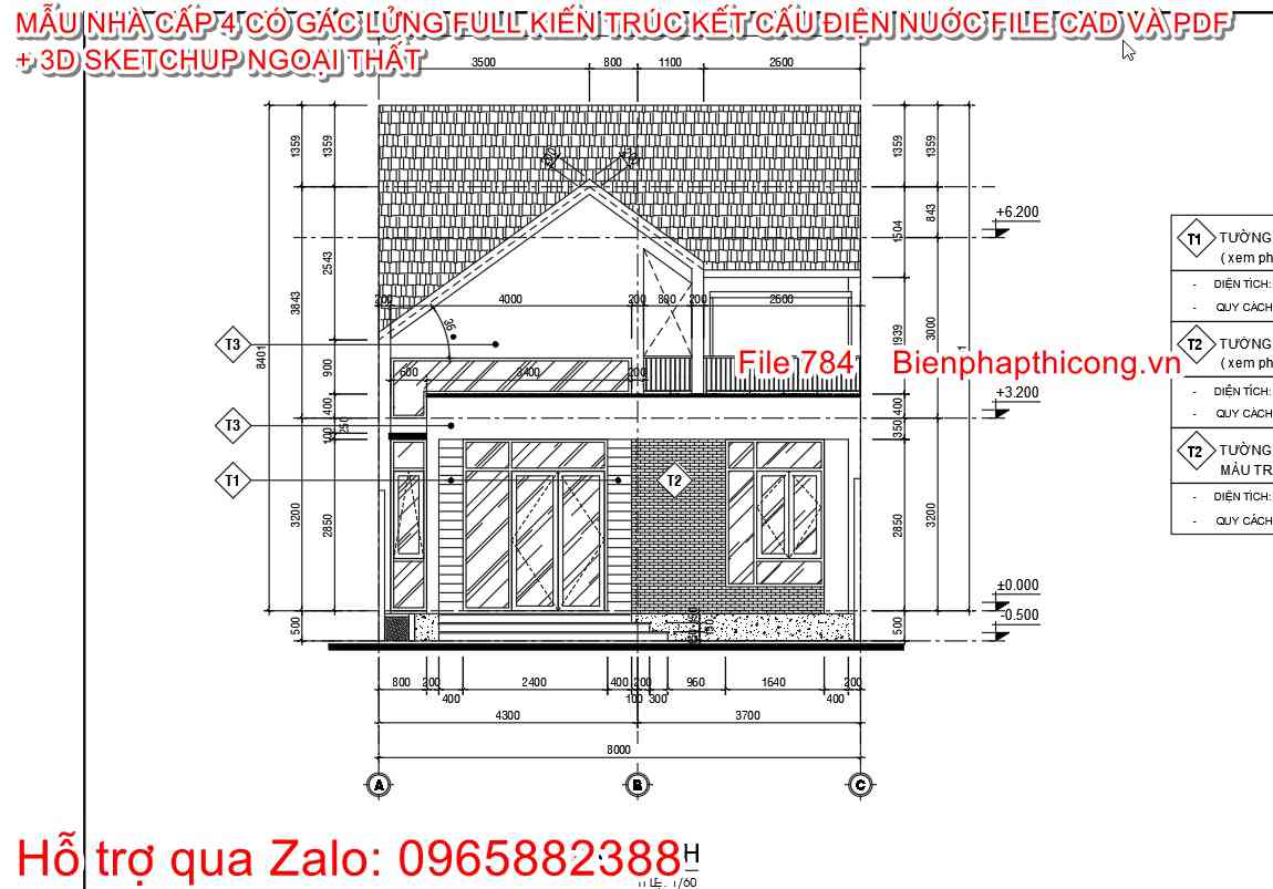 Mặt đứng nhà cấp 4 gác lửng 8m x 13m 3 ngủ.