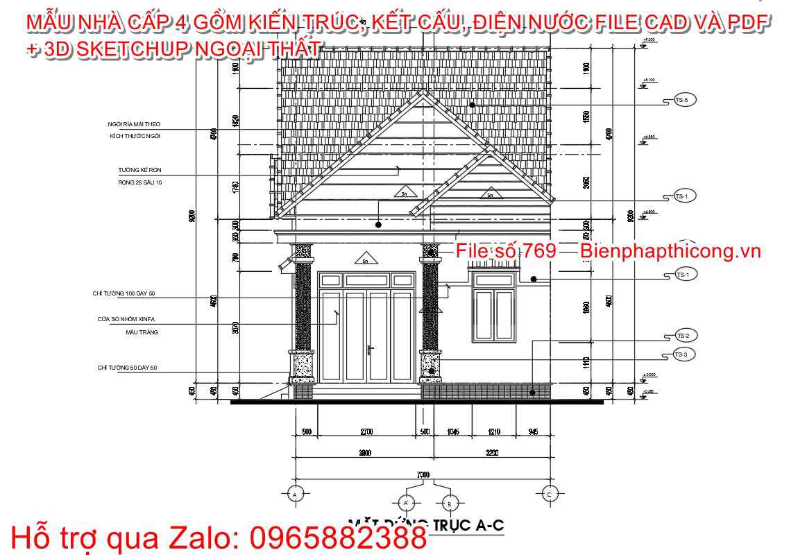 Mặt đứng nhà cấp 4 mái thái mặt tiền 7m x 17,7m.