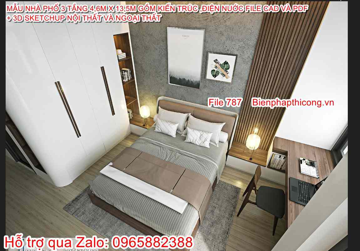 Thiết kế phòng ngủ nhà 3 tầng 4,6m x 13,5m 4 ngủ.
