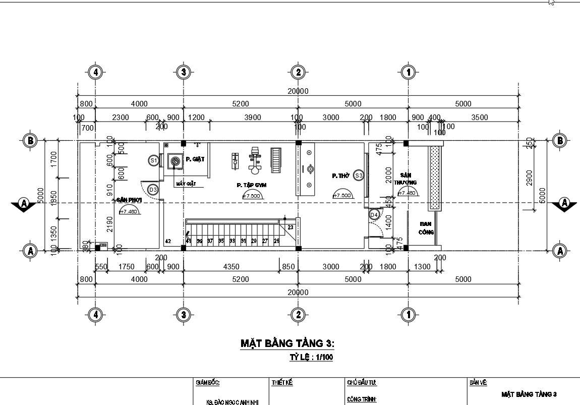 Mặt bằng tầng 3 nhà phố 3 tầng 5m x 15m.
