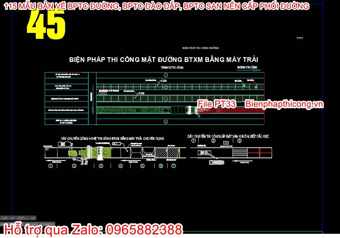 Bản vẽ biện pháp thi công mặt đường BTXM bằng máy trải.