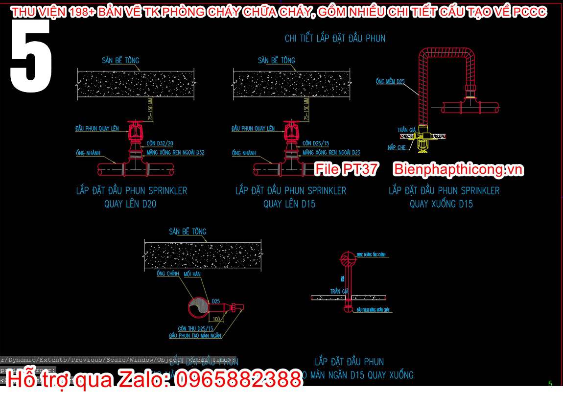 Bản vẽ chi tiết lắp đặt đầu phun phòng cháy chữa cháy.