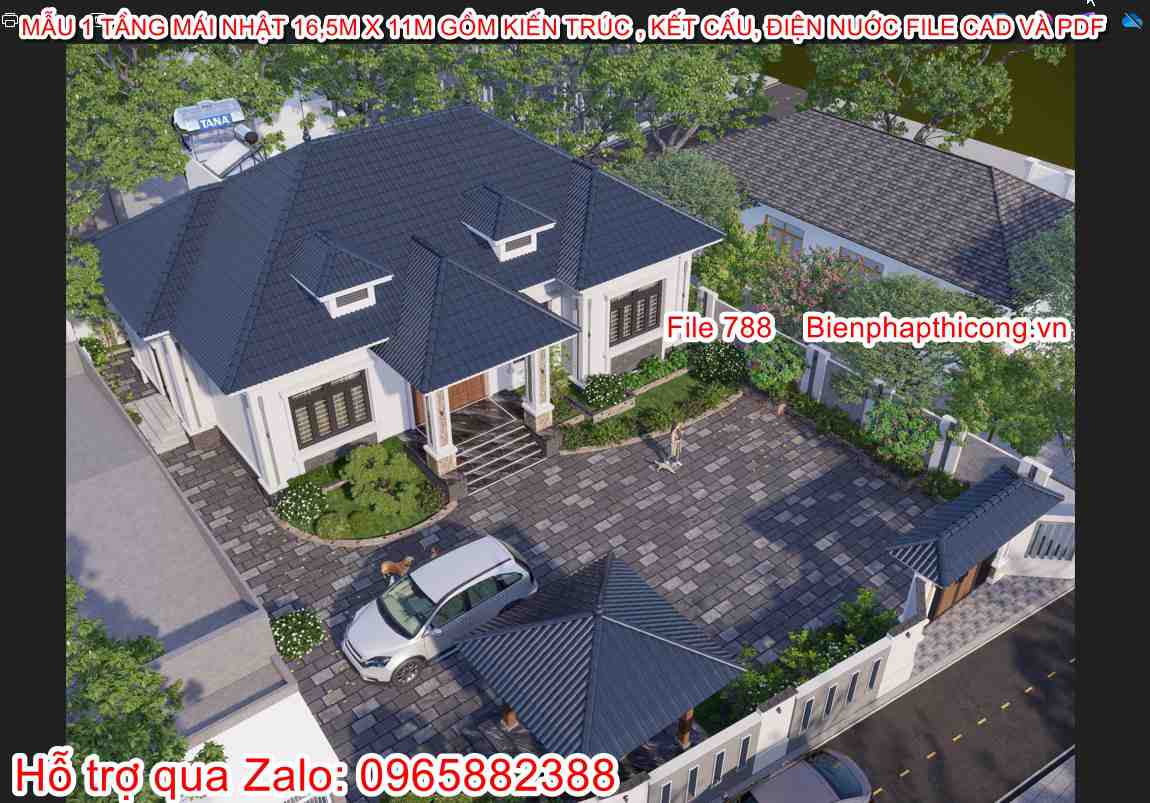 Bản vẽ xây dựng biệt thự 1 tầng mái nhật 3 ngủ 160m2.