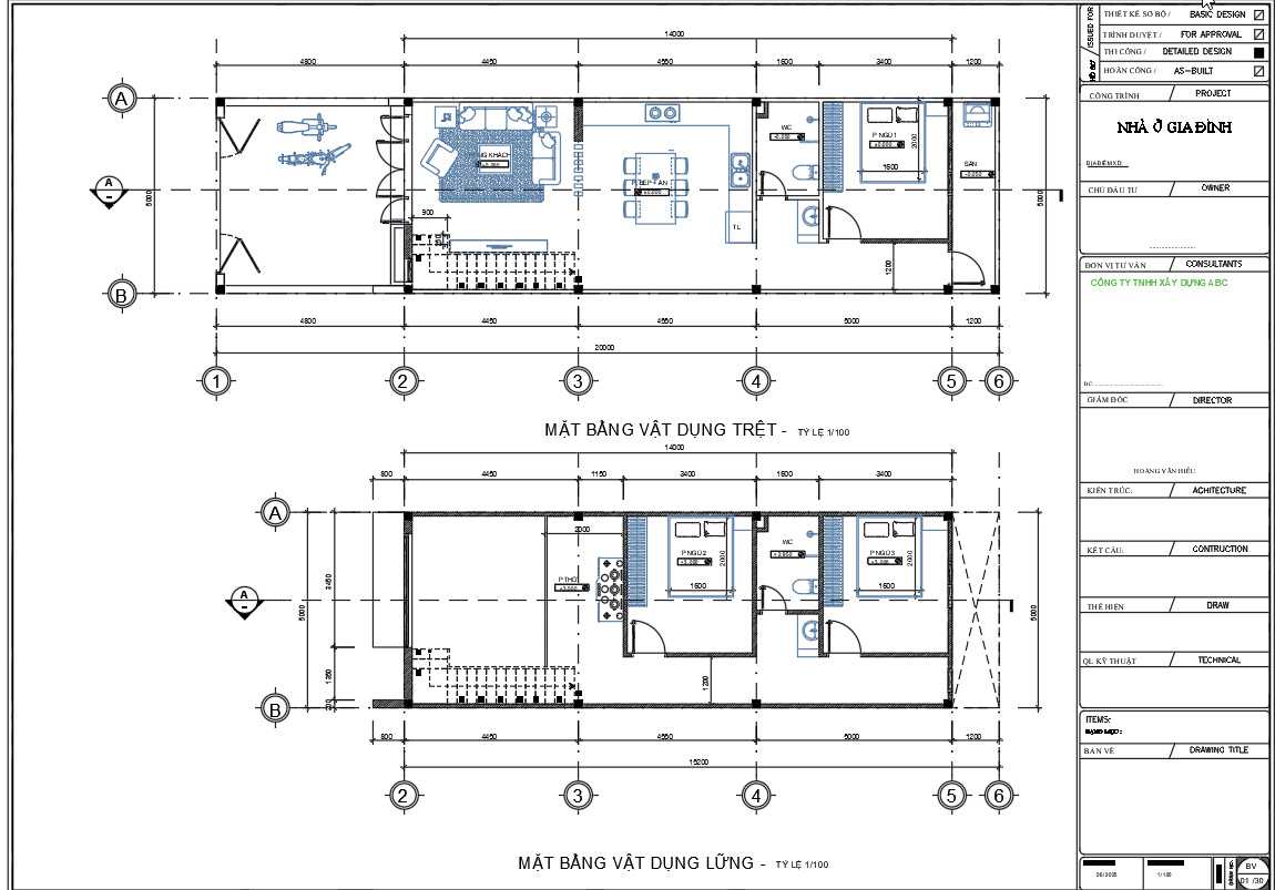 Mặt bằng thiết kế nhà 1 trệt 1 lửng 5m x 14m.