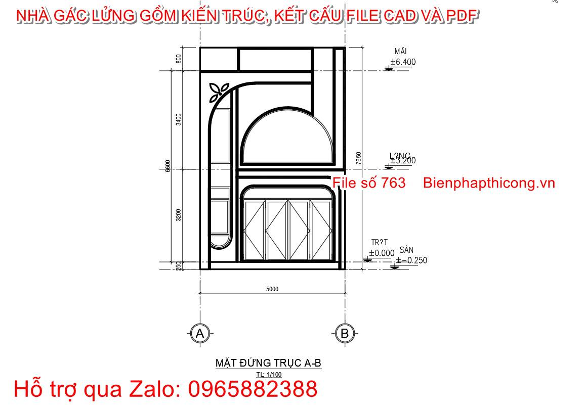 File cad mặt đứng nhà gác lửng rộng 5m x 16m.