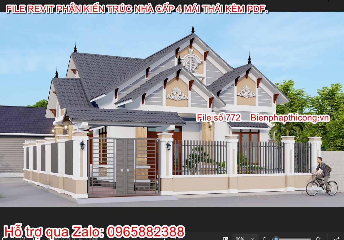 File revit thiết kế nhà mái thái 3 ngủ 9m x 13m 120m2.