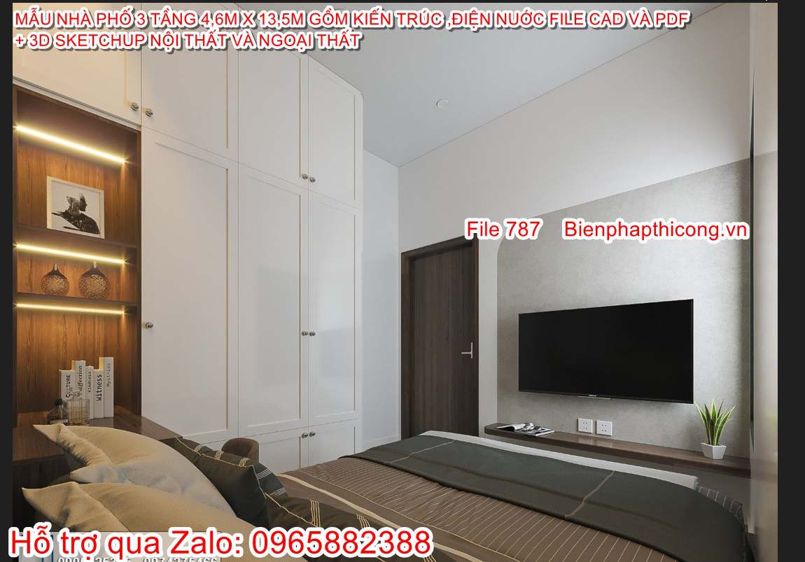 Hồ sơ bản vẽ phòng ngủ nhà phố 3 tầng 4,6m x 13,5m.