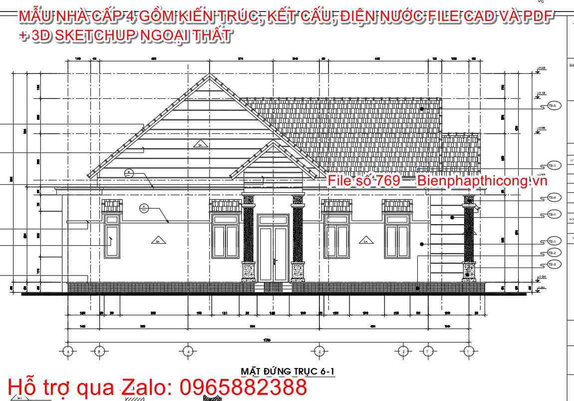 Hồ sơ thi công nhà cấp 4 mái thái 3 ngủ 7m x 17,7m.