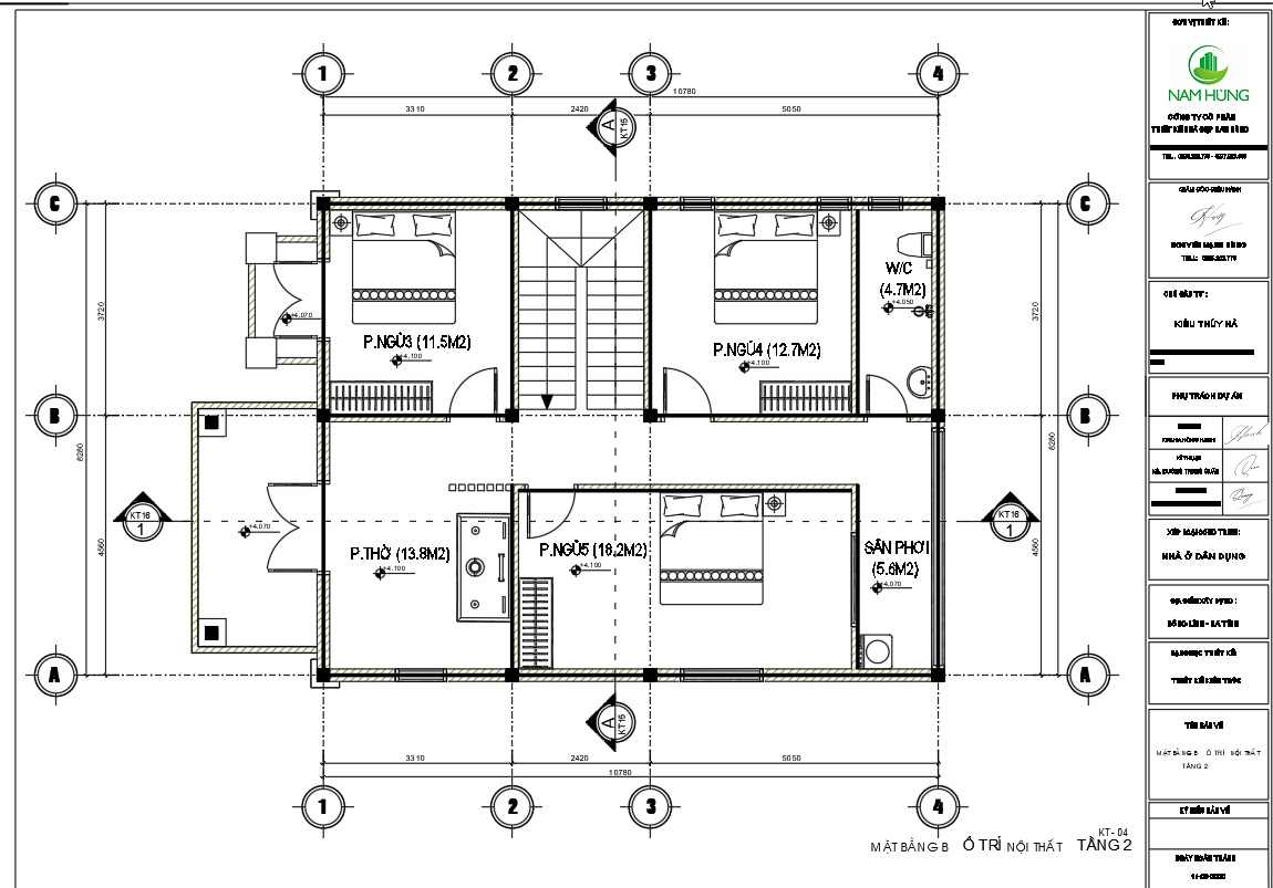 Mặt bằng tầng 2 biệt thự mái nhật tân cổ 8,5m x 11m.