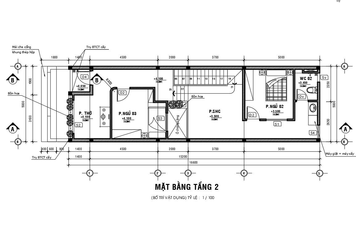 Mặt bằng tầng 2 nhà 2 tầng 5m x 18m 3 ngủ cad đẹp.