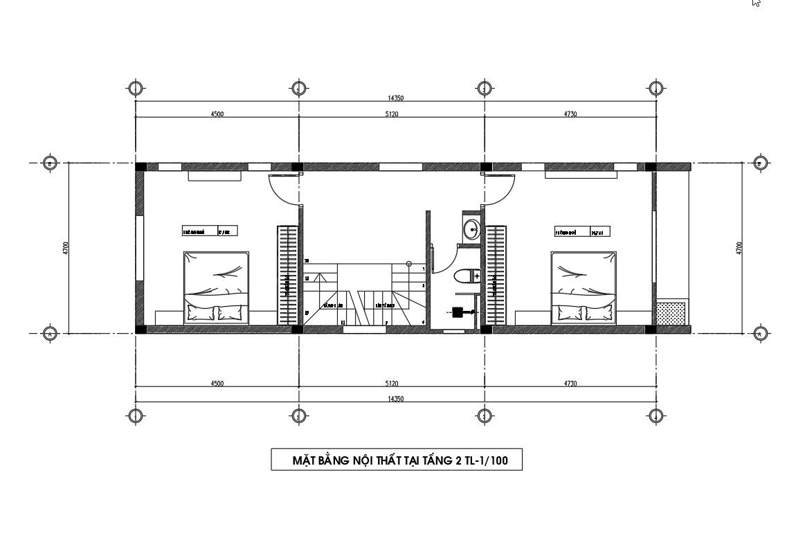 Mặt bằng tầng 2 nhà ống 3 tầng 4,7m x 14,3m 3 ngủ.