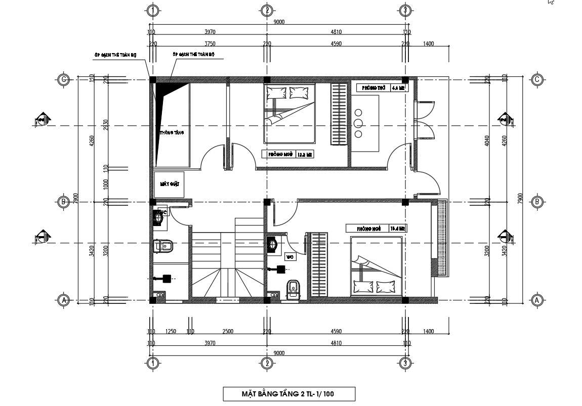 Mặt bằng tầng 2 nhà phố 2 tầng rộng 8m.