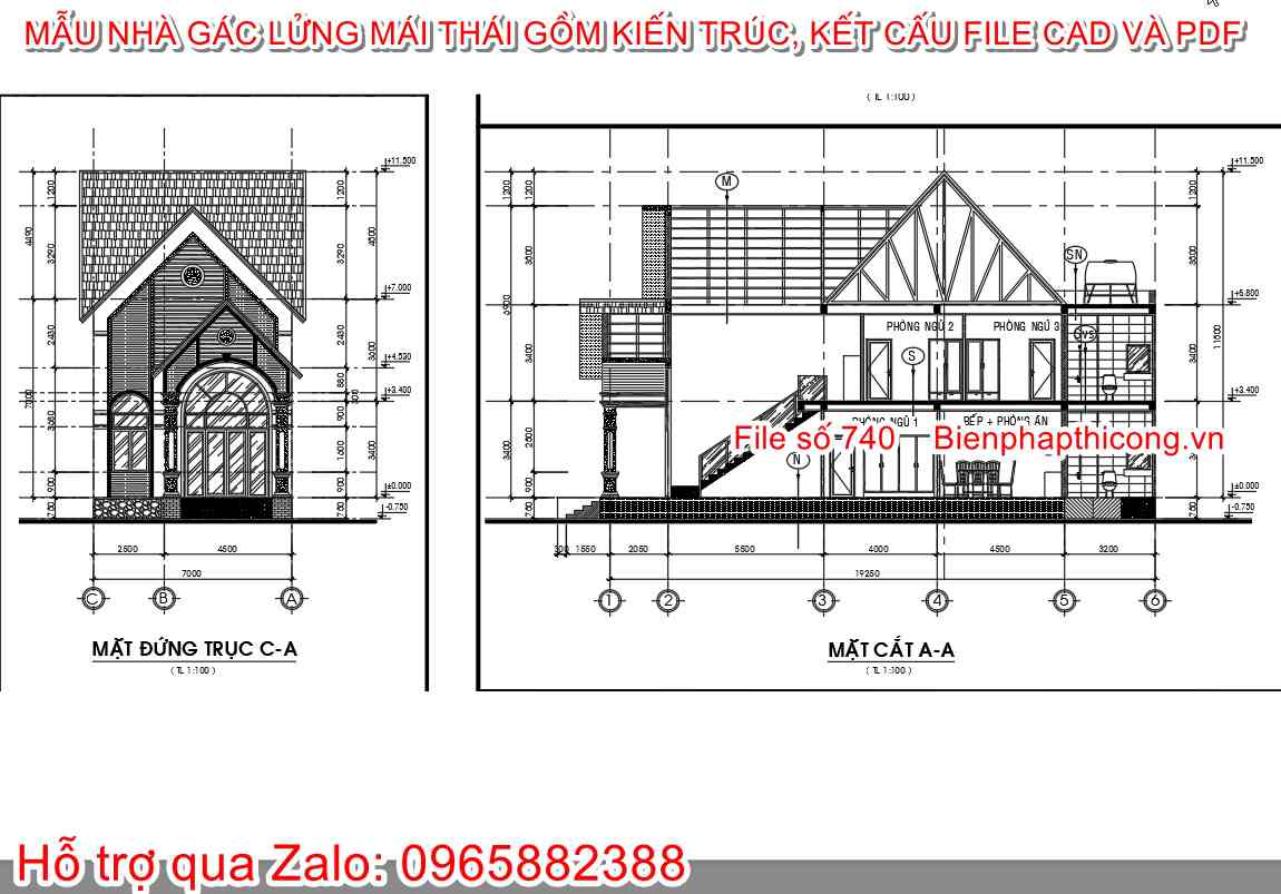 Mặt đứng mặt cắt nhà gác lửng mái thái 7m x 17,3m.