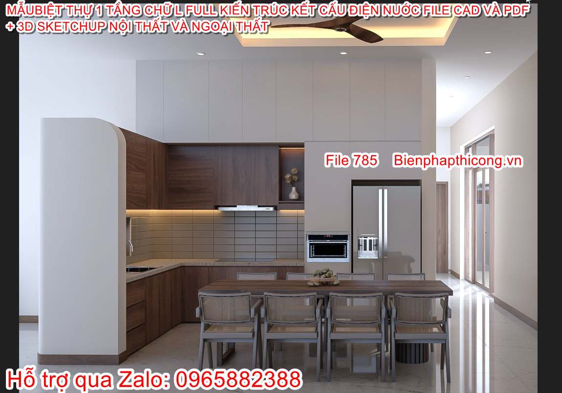 Phối cảnh phòng bếp biệt thự 1 tầng mái nhật 3 ngủ.