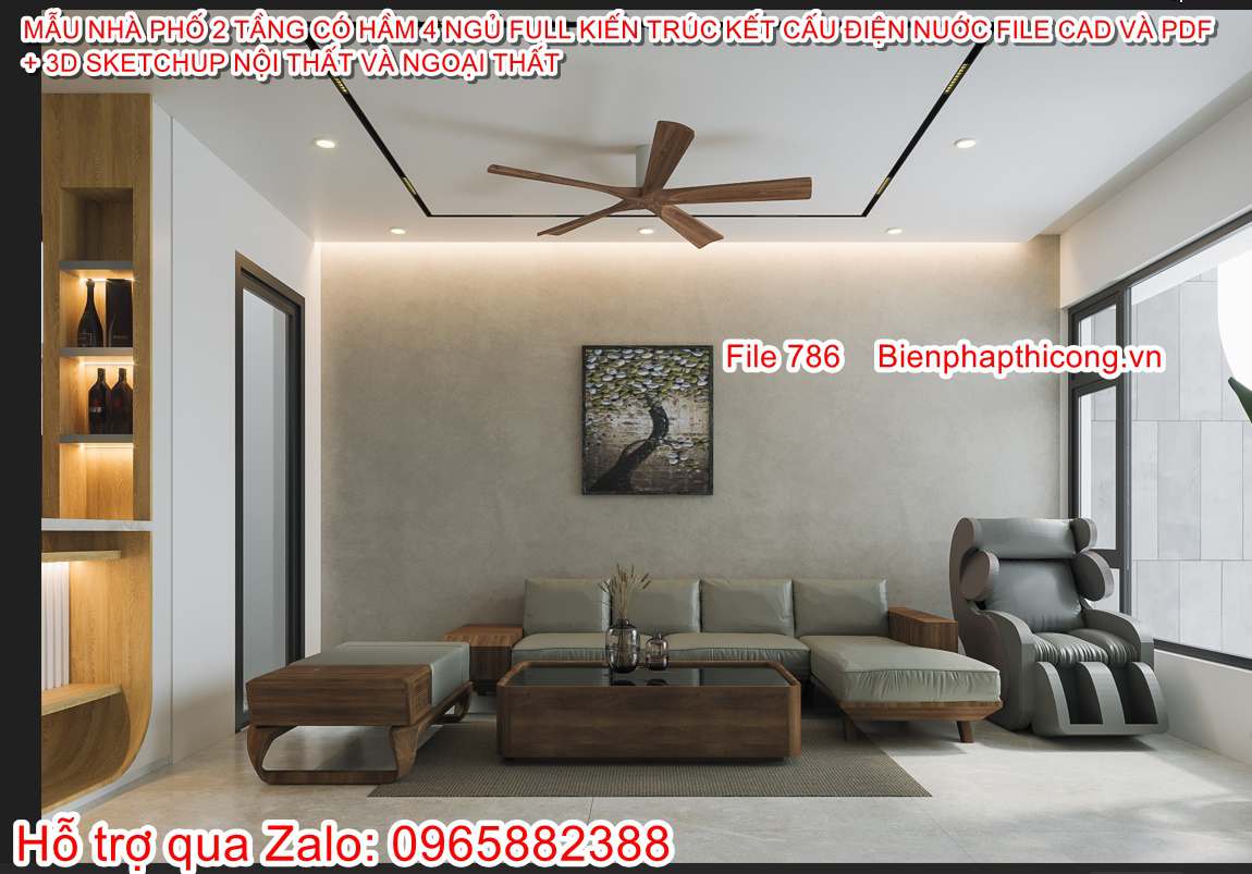 Phối cảnh phòng khách nhà phố 2 tầng có hầm 6,7m x 22,5m.