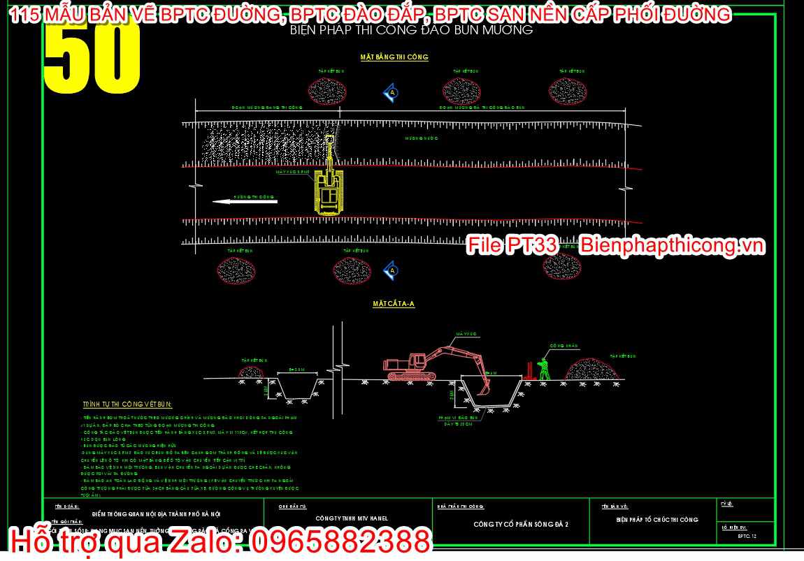 Bản vẽ biện pháp thi công đào bùn mương cad.