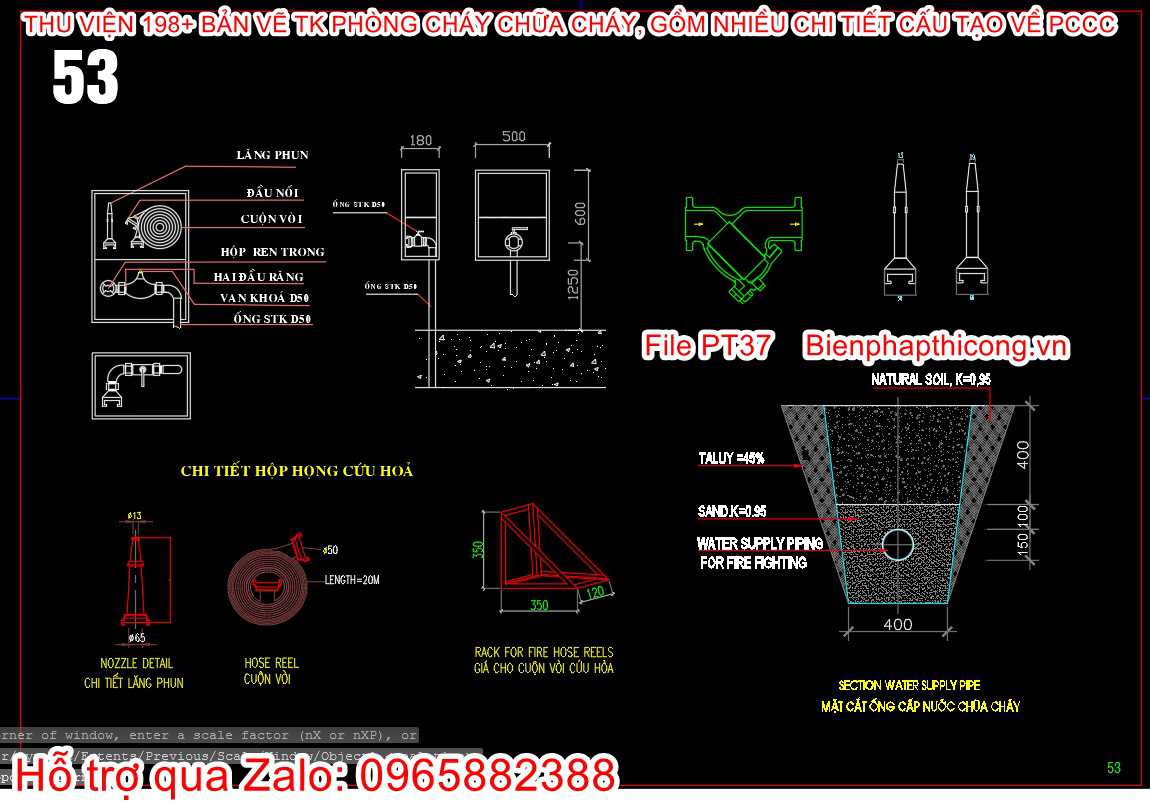 Bản vẽ mặt cắt ống cấp nước chữa cháy cad.