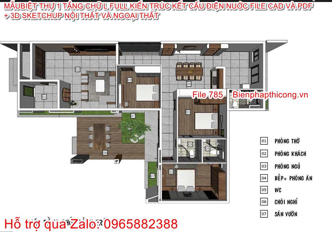 3D nội thất nhà 1 tầng 3 ngủ 14m x 20m đẹp.