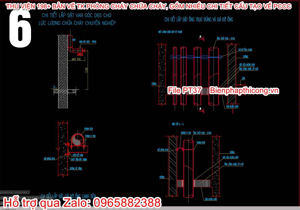 Bản vẽ chi tiết lắp đặt van góc D65 cho lực lượng chữa cháy chuyên nghiệp.